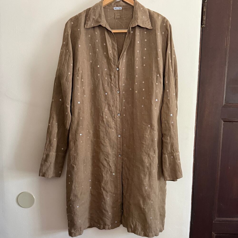 120% Lino Tan Taupe Linen Relaxed Shirt Dress with Subtle Clear Sequins 48 US 12